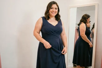 Femme ronde en robe empire taille mi-longue bleu marine dans une cabine d'essayage, coupe flatteuse qui ne marque pas le ventre