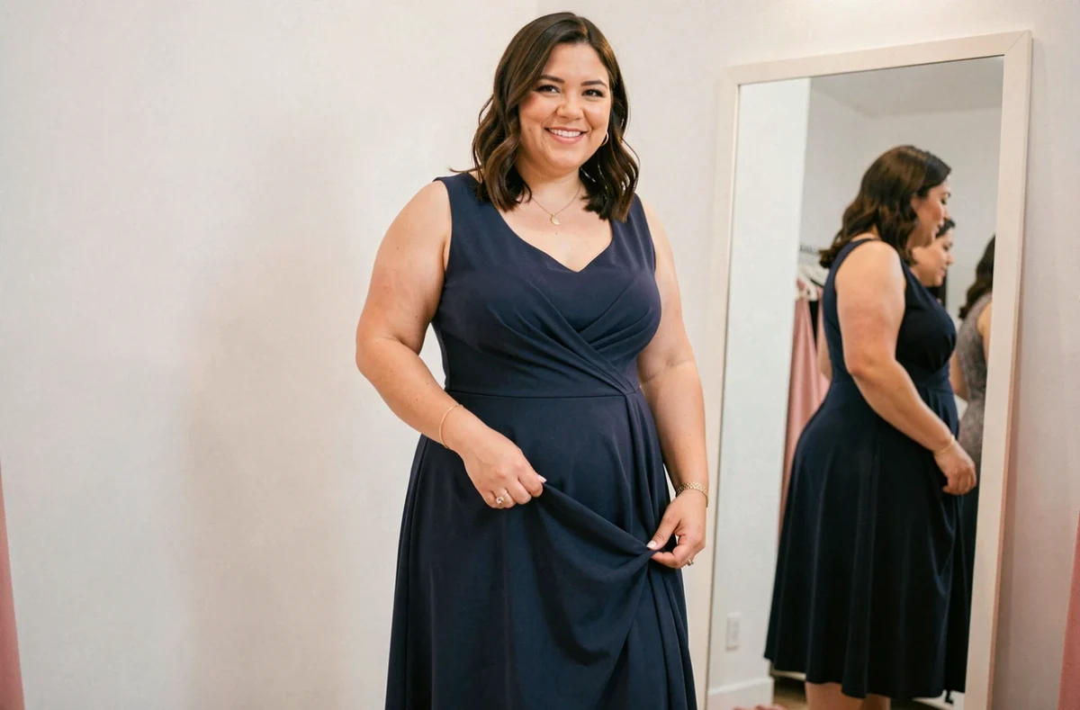 Femme ronde en robe empire taille mi-longue bleu marine dans une cabine d'essayage, coupe flatteuse qui ne marque pas le ventre