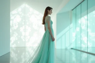 Robe haute couture intégrant des fibres optiques lumineuses dans un tissu organza translucide, portée lors d'une exposition de mode technologique