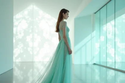 Robe haute couture intégrant des fibres optiques lumineuses dans un tissu organza translucide, portée lors d'une exposition de mode technologique