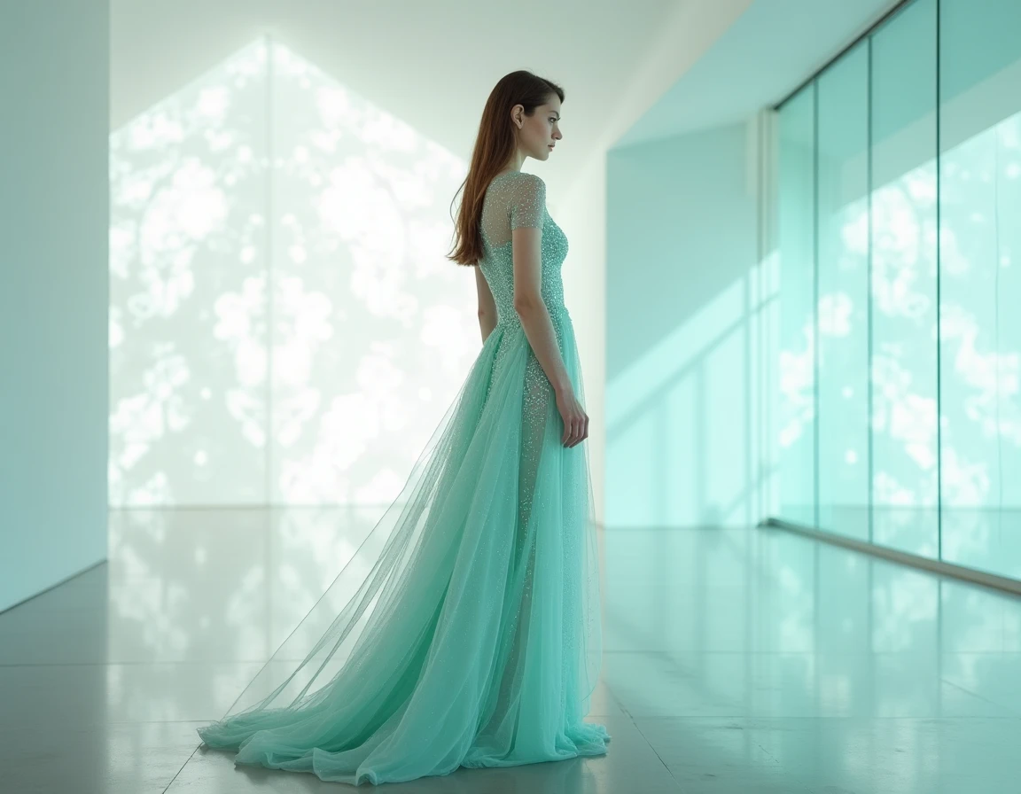 Robe haute couture intégrant des fibres optiques lumineuses dans un tissu organza translucide, portée lors d'une exposition de mode technologique