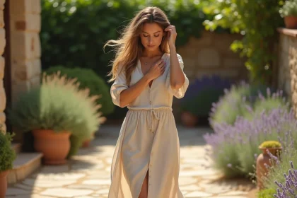 Femme portant une robe hippie en lin naturel dans un jardin provençal, tissu froissé et texturé visible au toucher