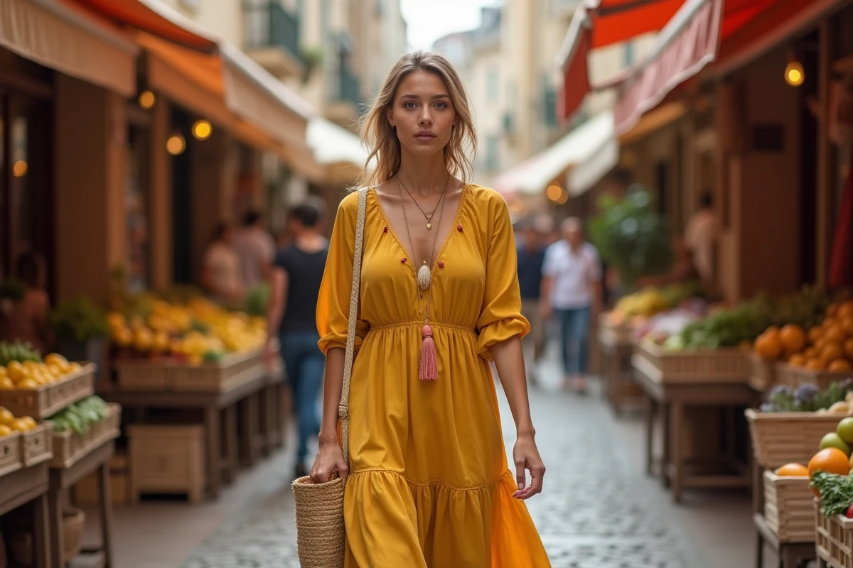 Femme en robe longue jaune bohème marchant dans un marché provençal en cobblestones avec un panier en osier