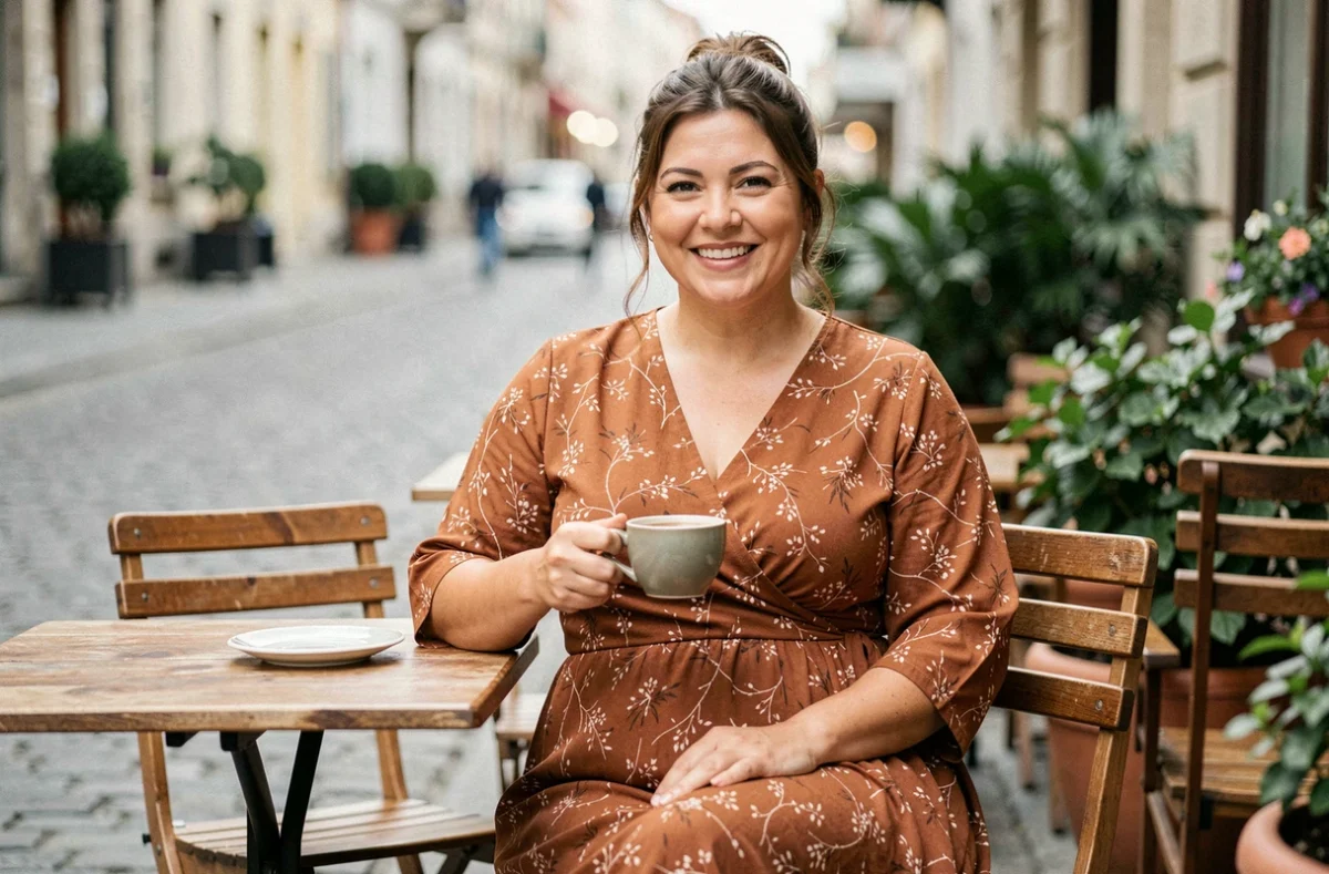 Femme ronde souriante en robe portefeuille à imprimé floral terracotta en terrasse de café, robe cache-ventre style maxi