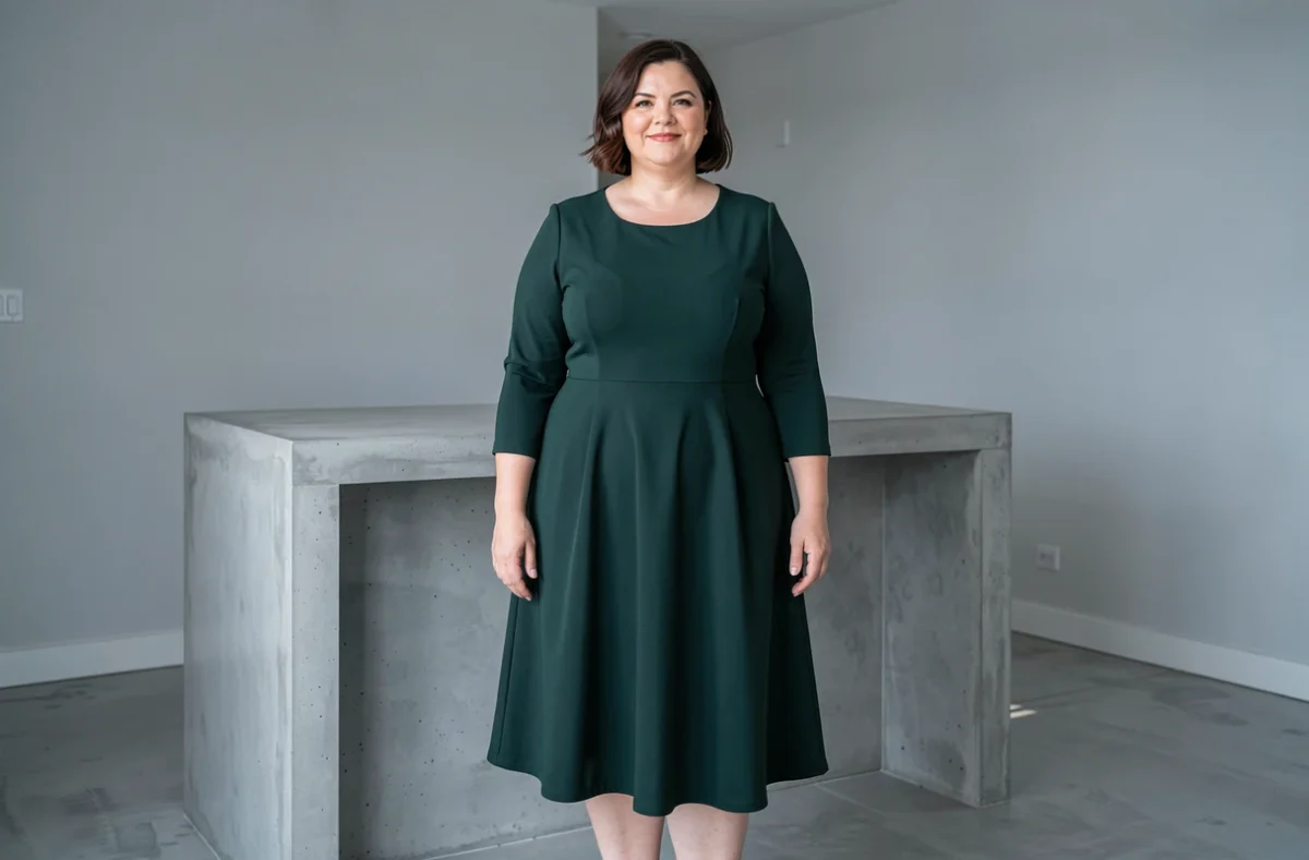Femme grande taille en robe trapèze structurée vert forêt en tissu ponte qui affine le ventre et les hanches dans un intérieur moderne épuré