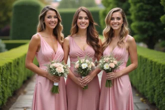 Trois demoiselles d'honneur en robes roses coordonnées abordables dans un jardin élégant
