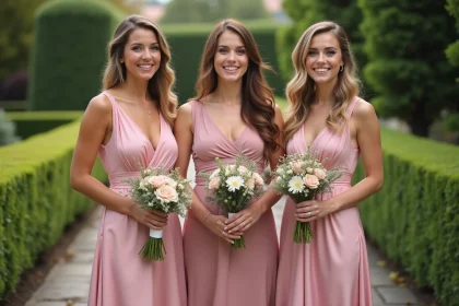 Trois demoiselles d'honneur en robes roses coordonnées abordables dans un jardin élégant