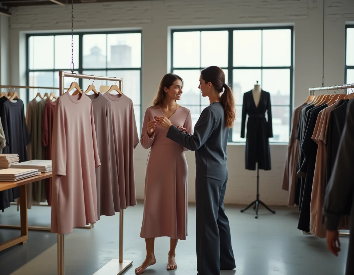 Deux femmes comparant des robes trapèze en tissu ponte rose et crêpe de laine anthracite dans un showroom de mode, présentation des matières tendance 2026