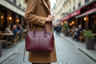 Femme tenant un sac à main en cuir bordeaux structuré dans une rue parisienne pavée, tendance couleur sac 2026