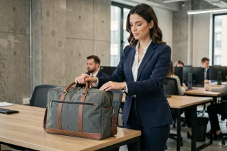 Femme professionnelle posant sa sacoche ordinateur portable sur un bureau en open space moderne
