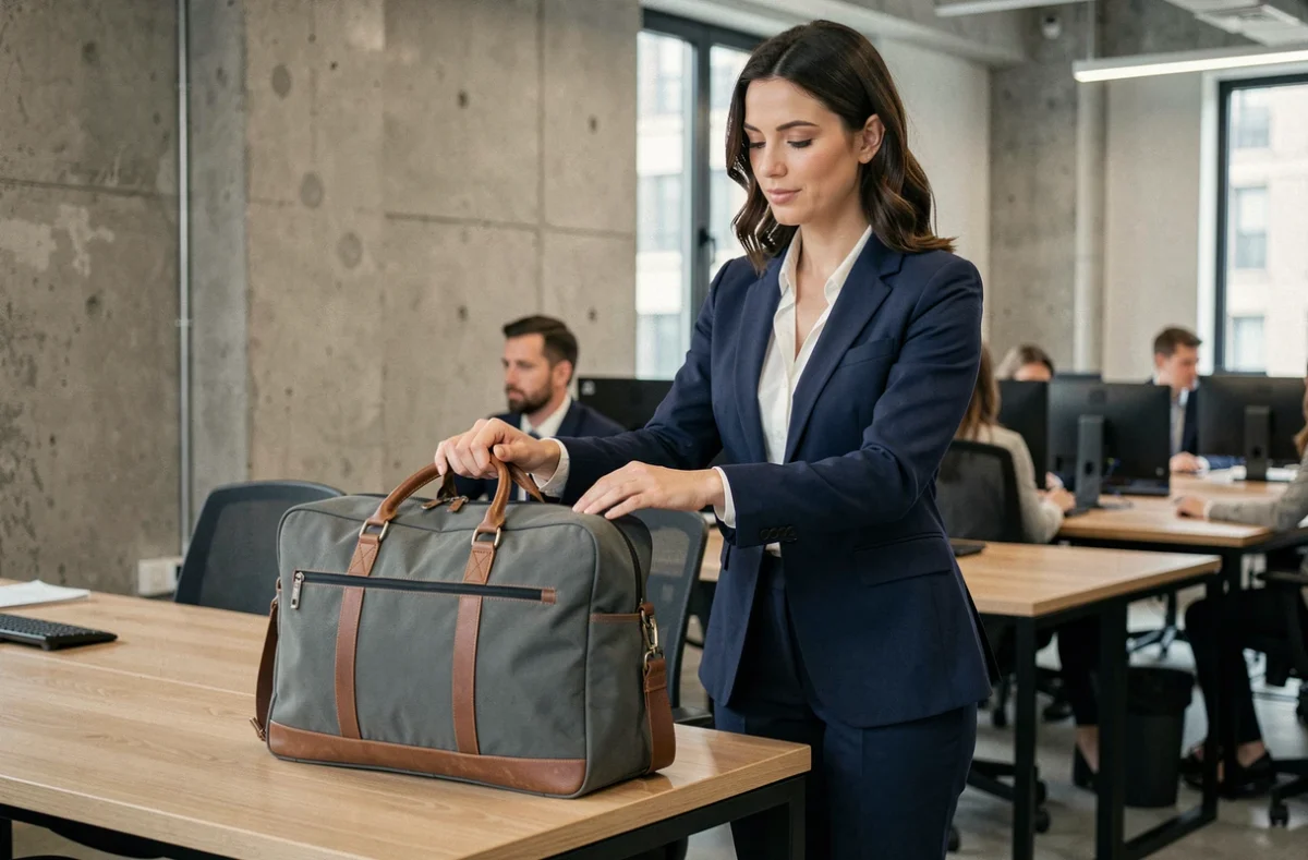 Femme professionnelle posant sa sacoche ordinateur portable sur un bureau en open space moderne