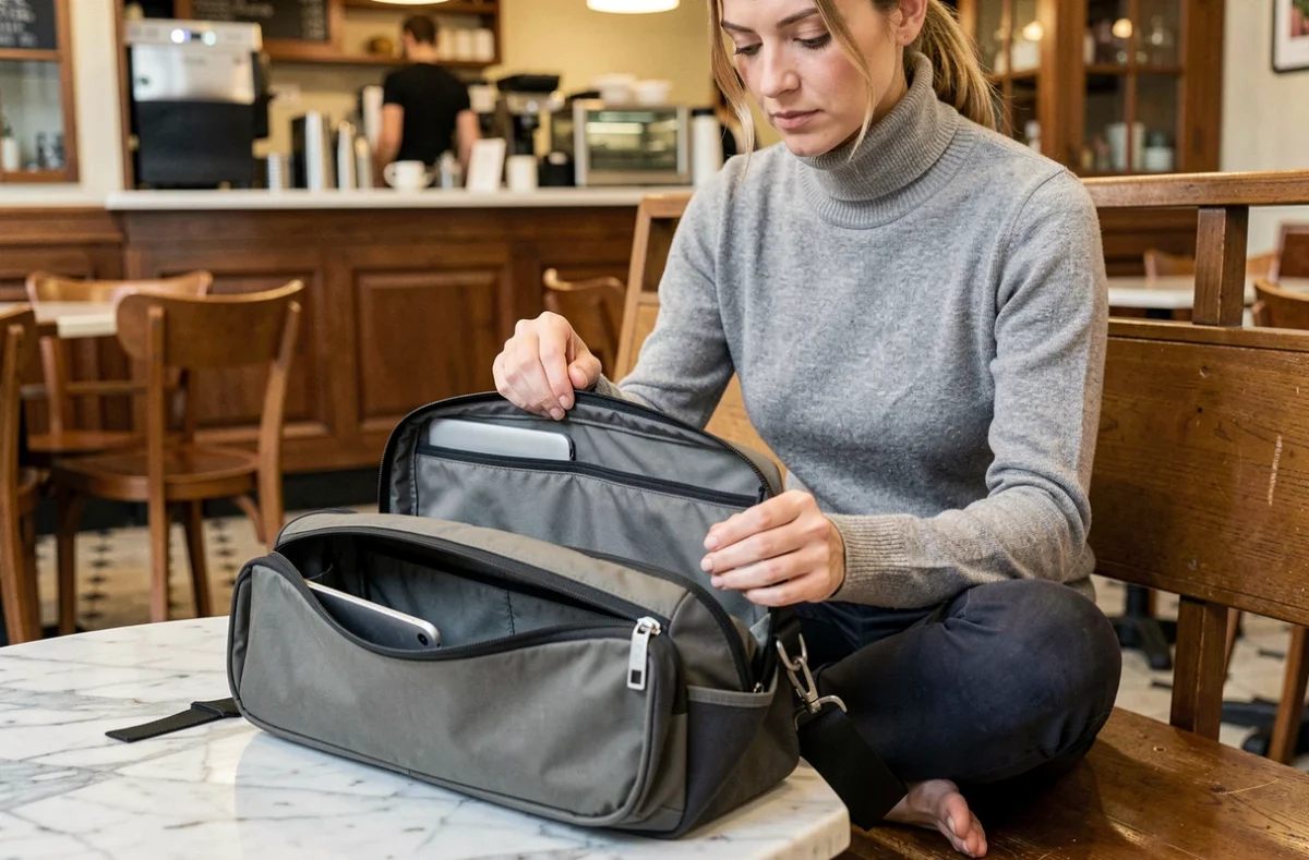 Femme inspectant les compartiments intérieurs d'une sacoche ordinateur portable dans un café