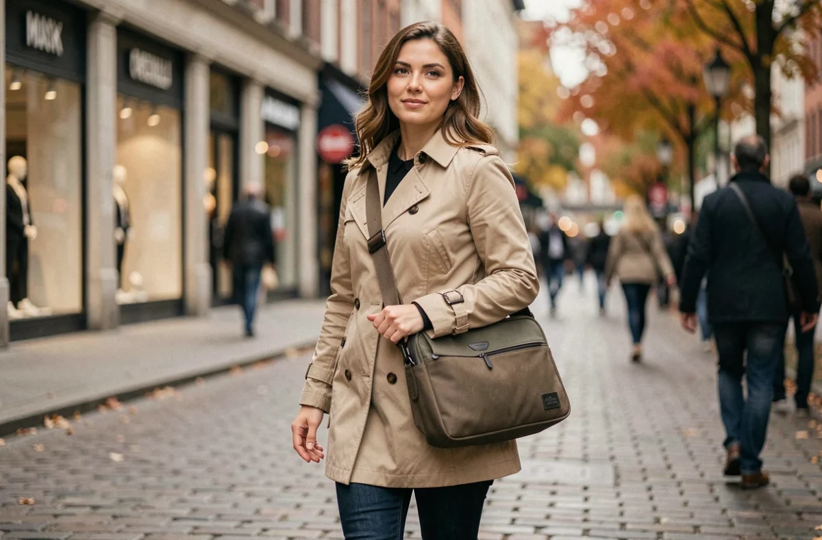 Femme marchant en ville avec une sacoche ordinateur portable résistante en bandoulière