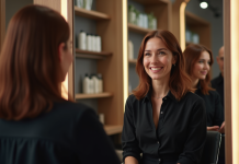 Femme souriante dans un salon de coiffure moderne