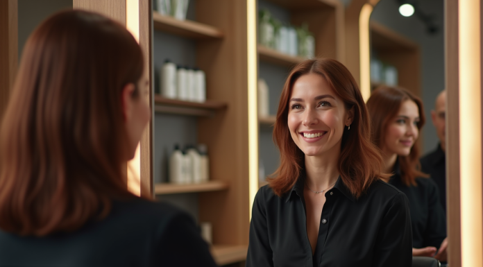 Femme souriante dans un salon de coiffure moderne