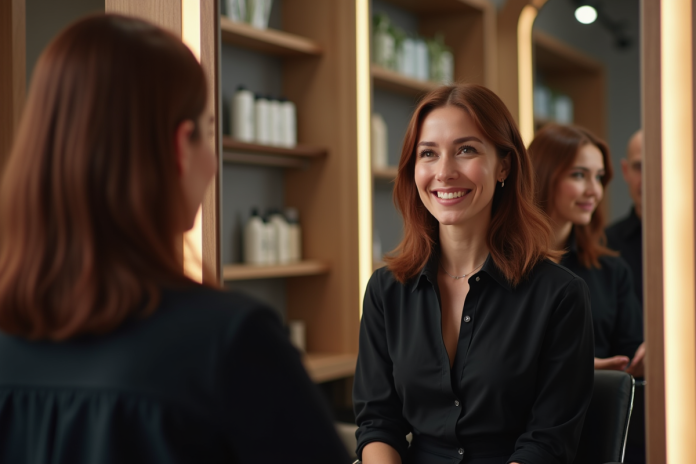 Femme souriante dans un salon de coiffure moderne