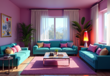 Intérieur de salon des années 90 avec meubles turquoise et violet