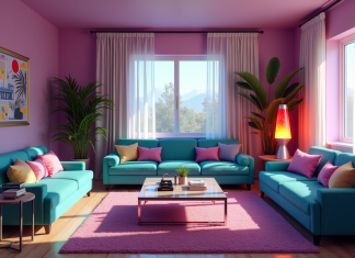 Couleurs années 1990 : Quelle était la teinte la plus tendance ? Intérieur de salon des années 90 avec meubles turquoise et violet