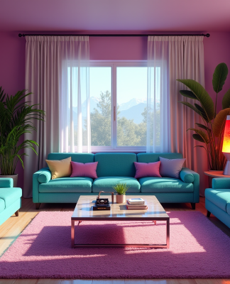 Intérieur de salon des années 90 avec meubles turquoise et violet