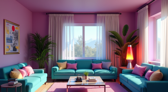 Intérieur de salon des années 90 avec meubles turquoise et violet