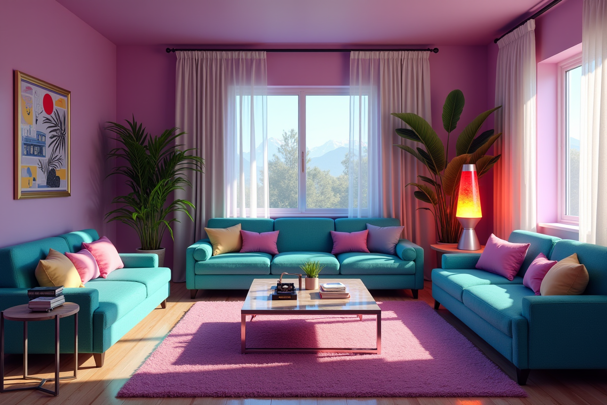 Intérieur de salon des années 90 avec meubles turquoise et violet