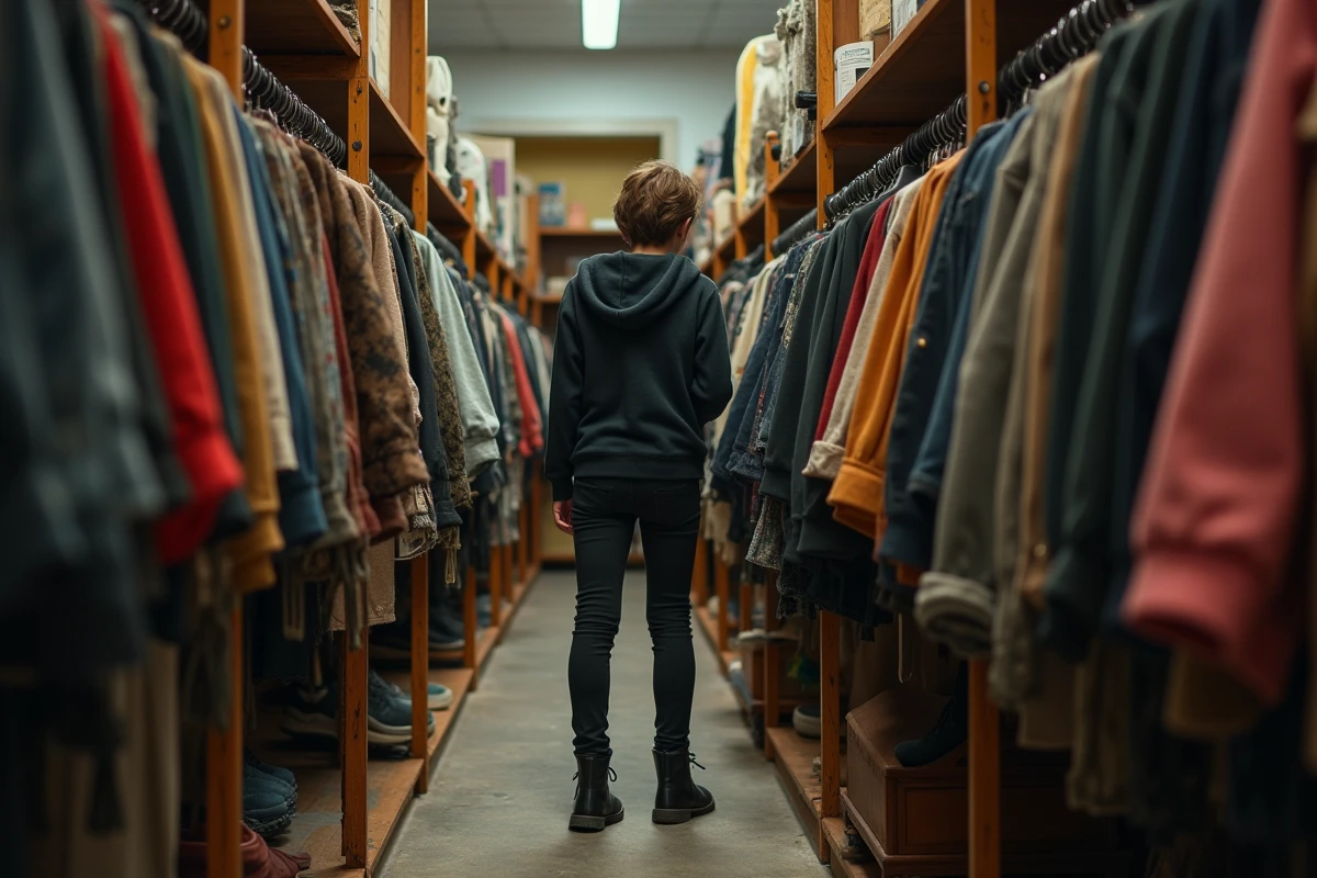 Adolescent en style emo faisant du shopping dans une friperie, cherchant des vêtements noirs et des pièces vintage pour construire son look alternatif depuis zéro