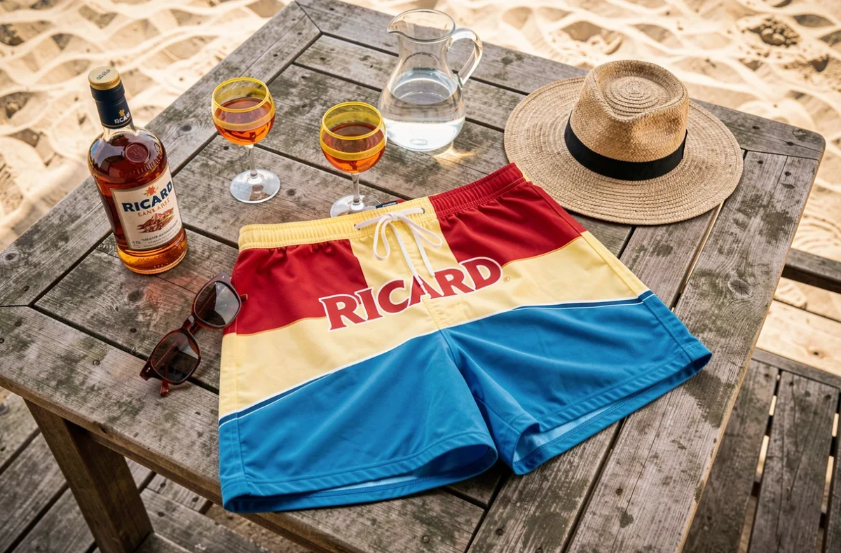 Short de bain Ricard et accessoires pour enterrement de vie de garçon, vue de dessus