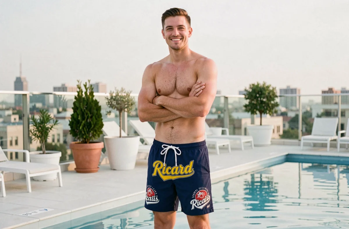 Homme en short de bain Ricard au bord d'une piscine lors d'un EVG