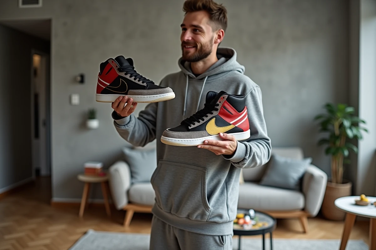 Homme tenant une paire de sneakers hautes personnalisées avec des motifs géométriques peints en noir rouge et or