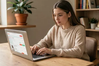 Jeune femme qui suit sa commande Shein sur un ordinateur portable depuis son bureau à domicile