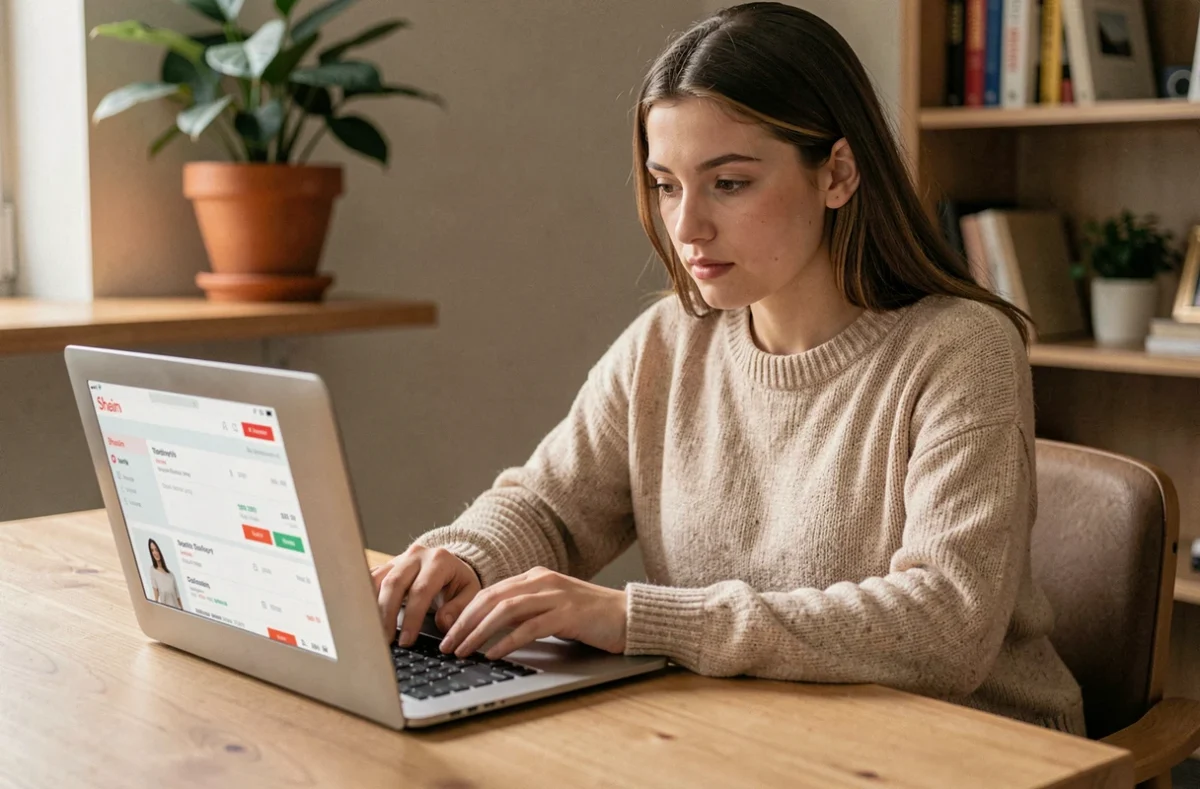 Jeune femme qui suit sa commande Shein sur un ordinateur portable depuis son bureau à domicile