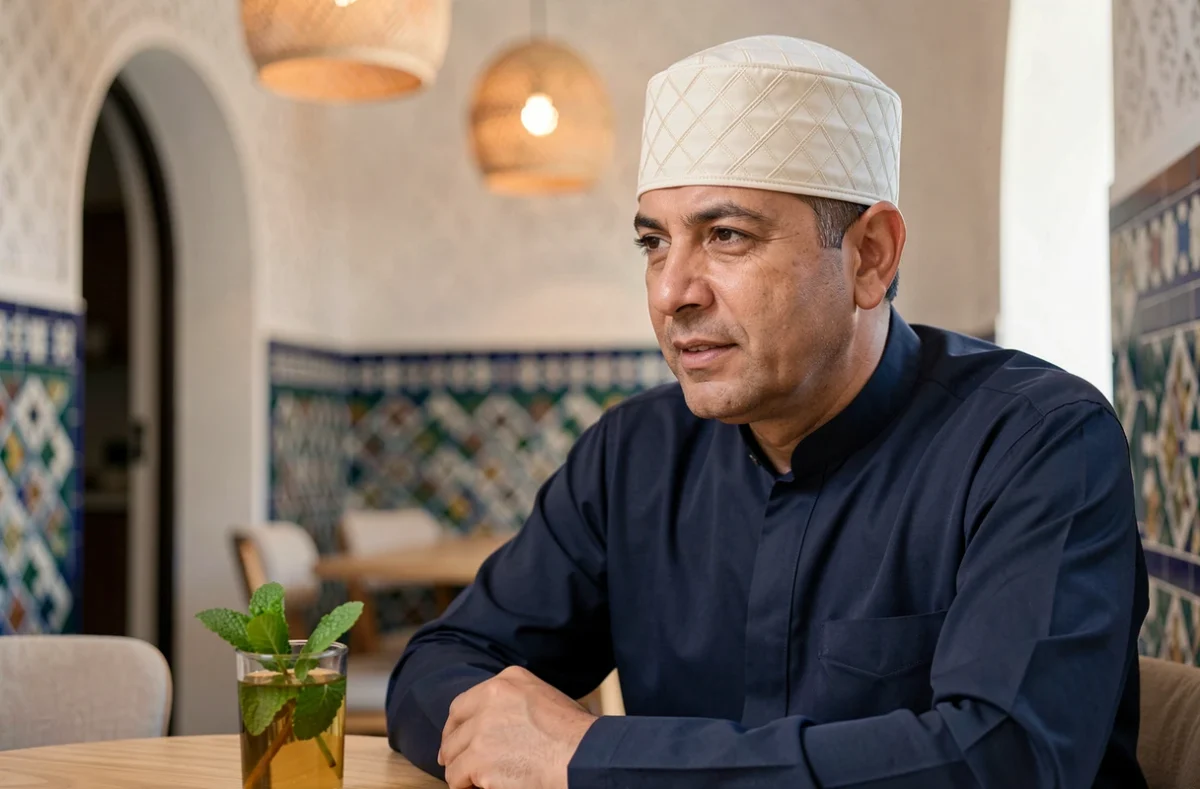 Homme portant une tagiyah ivoire à motif matelassé dans un café marocain moderne, tendance 2026