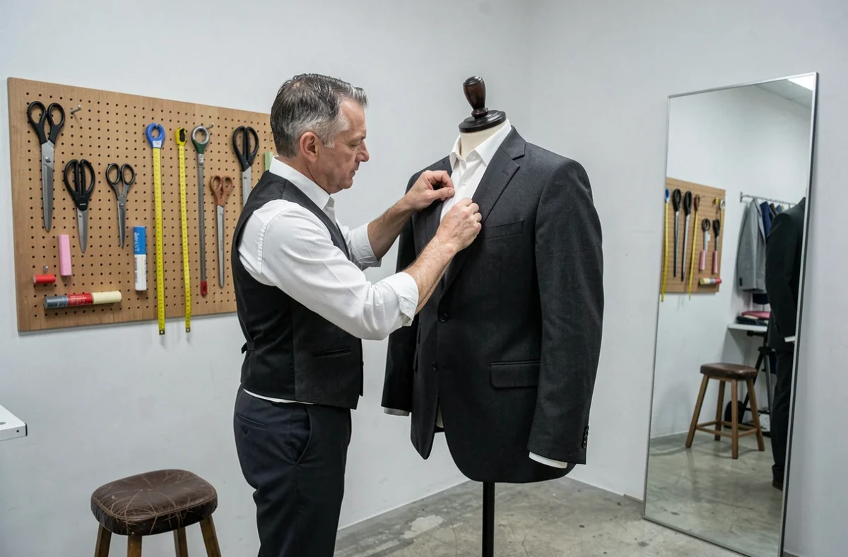Tailleur professionnel ajustant un costume masculin dans un atelier de retouche moderne