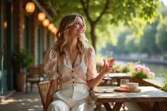 Femme portant un pantalon en lin et une blouse fleurie dans une ambiance guinguette au bord de l'eau