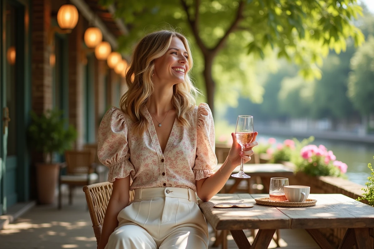 Femme portant un pantalon en lin et une blouse fleurie dans une ambiance guinguette au bord de l'eau