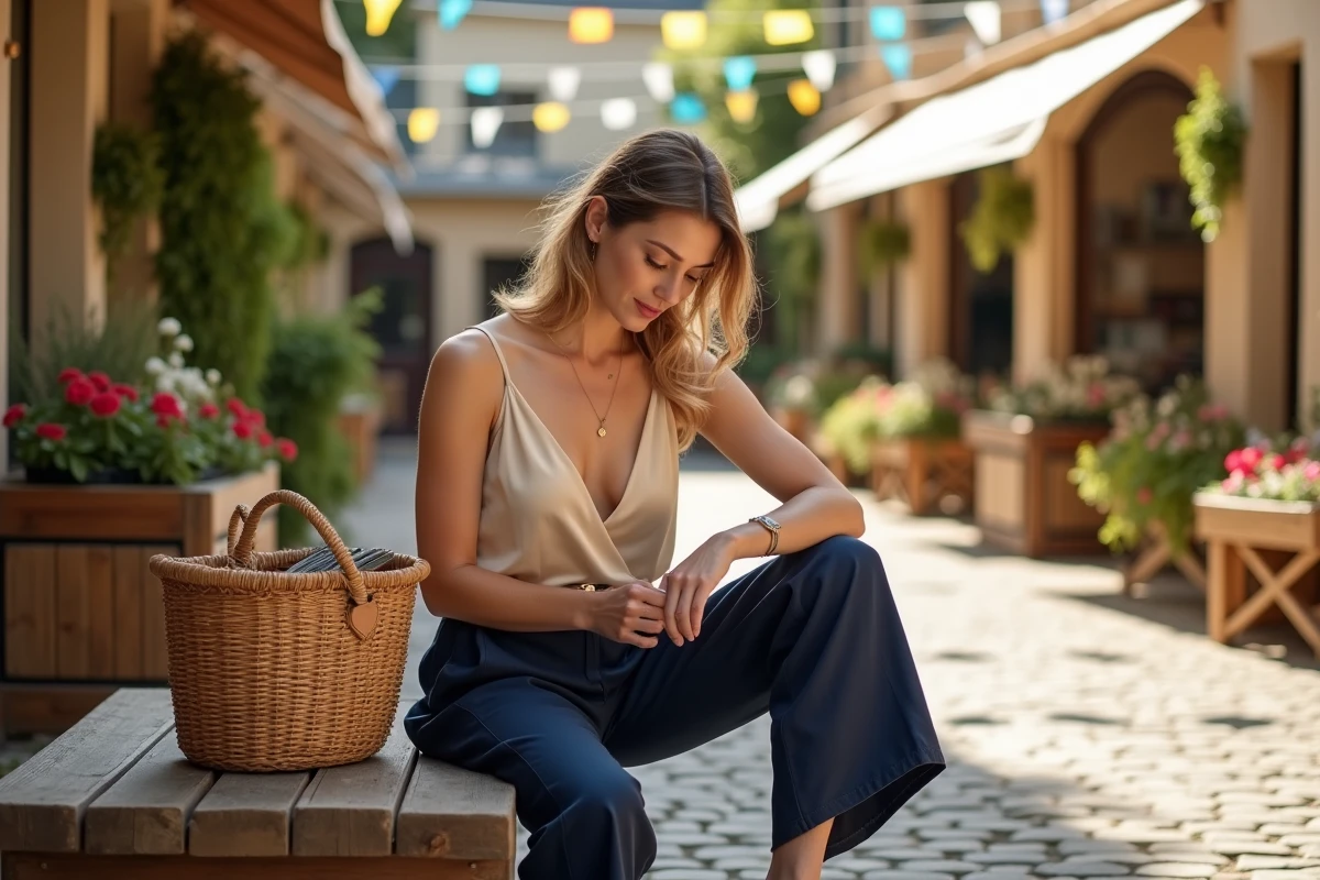 Femme en pantalon bleu marine et caraco satin dans une ambiance guinguette de marché estival