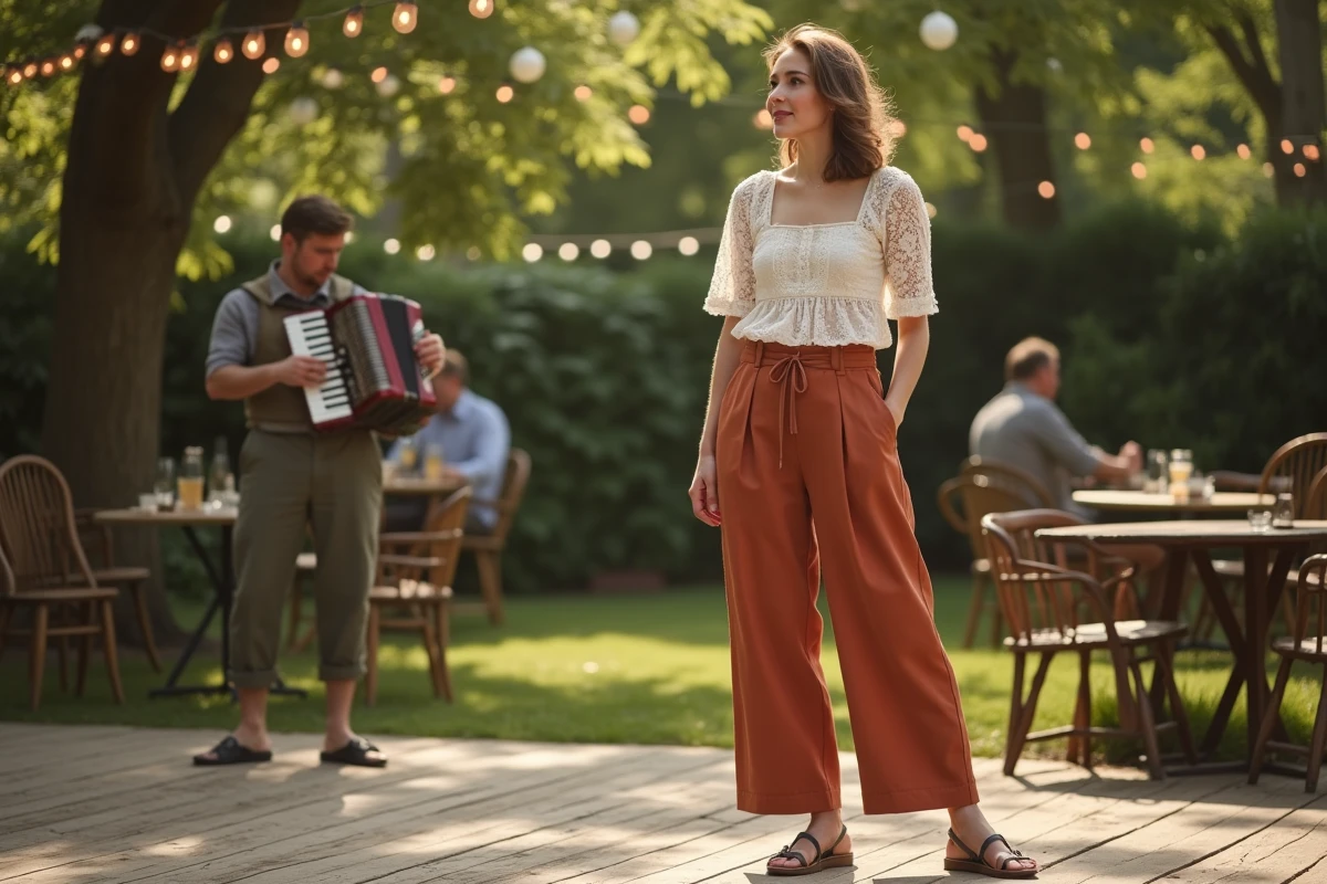 Jeune femme en pantalon terracotta et top broderie anglaise lors d'une soirée guinguette en plein air