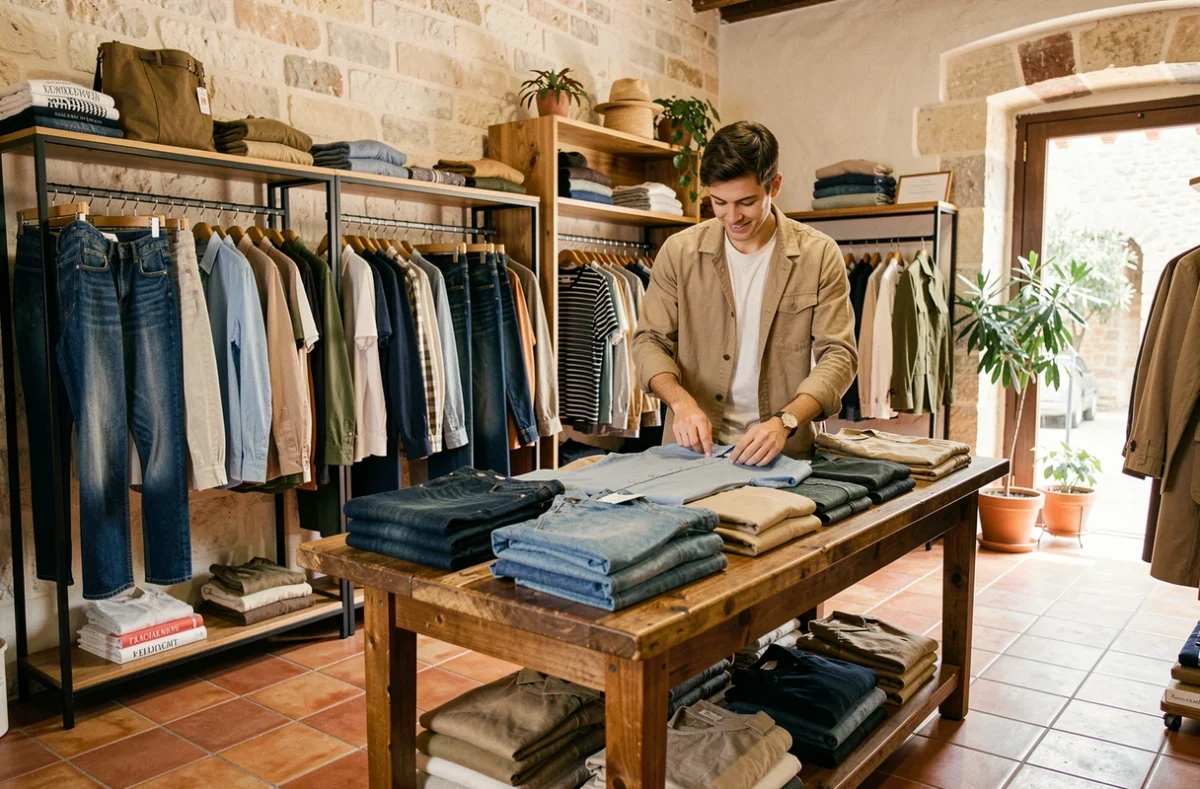 Boutique multimarques The Next Door à Avignon présentant une sélection de mode homme internationale dans un espace aux murs en pierre blanche