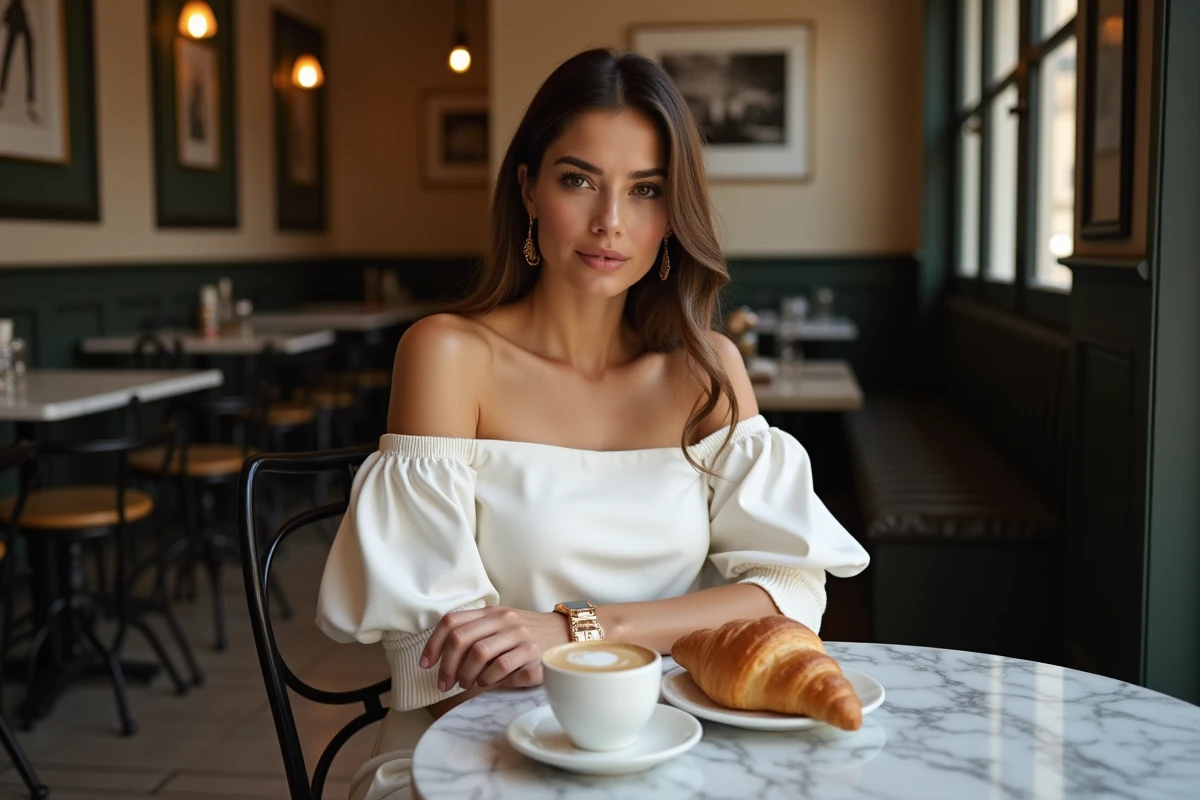 Femme en total look blanc structuré dans un café parisien chic, idée de tenue élégante 2026