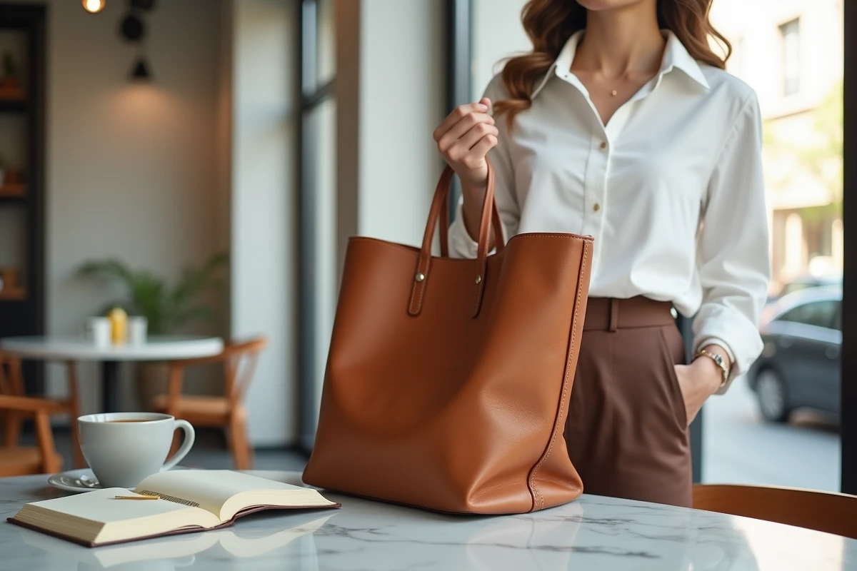 Femme posant avec un grand tote bag en cuir caramel dans un café minimaliste moderne, couleurs sacs intemporelles 2026