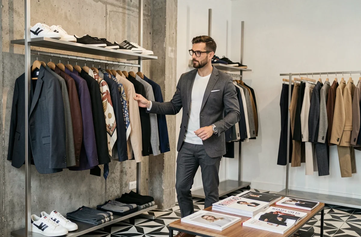 Boutique Un Homme à Suivre à Marseille avec une sélection de mode masculine urbaine et contemporaine sur des portants en acier brossé