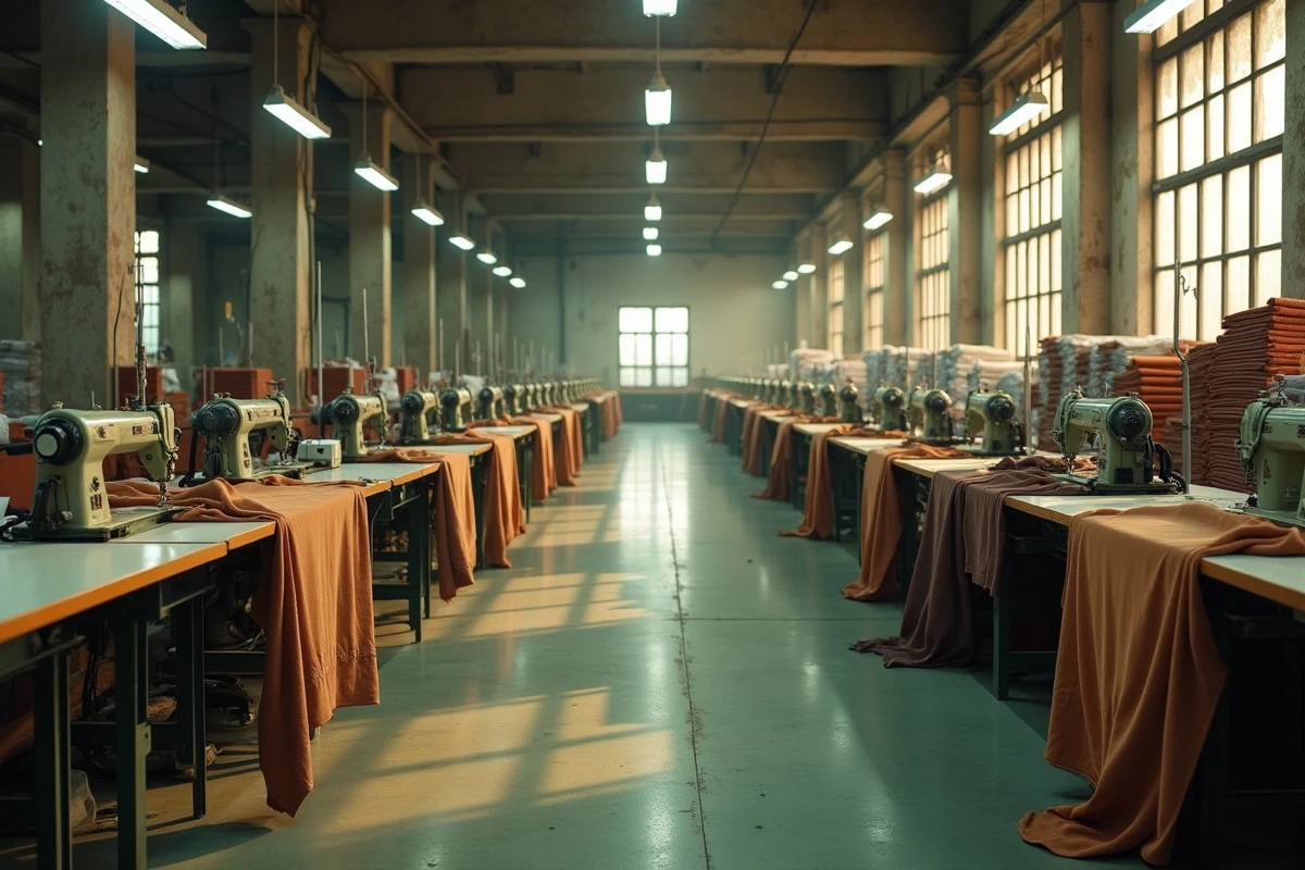 Atelier de confection textile industriel avec machines à coudre en rangées et rouleaux de tissu, ambiance documentaire