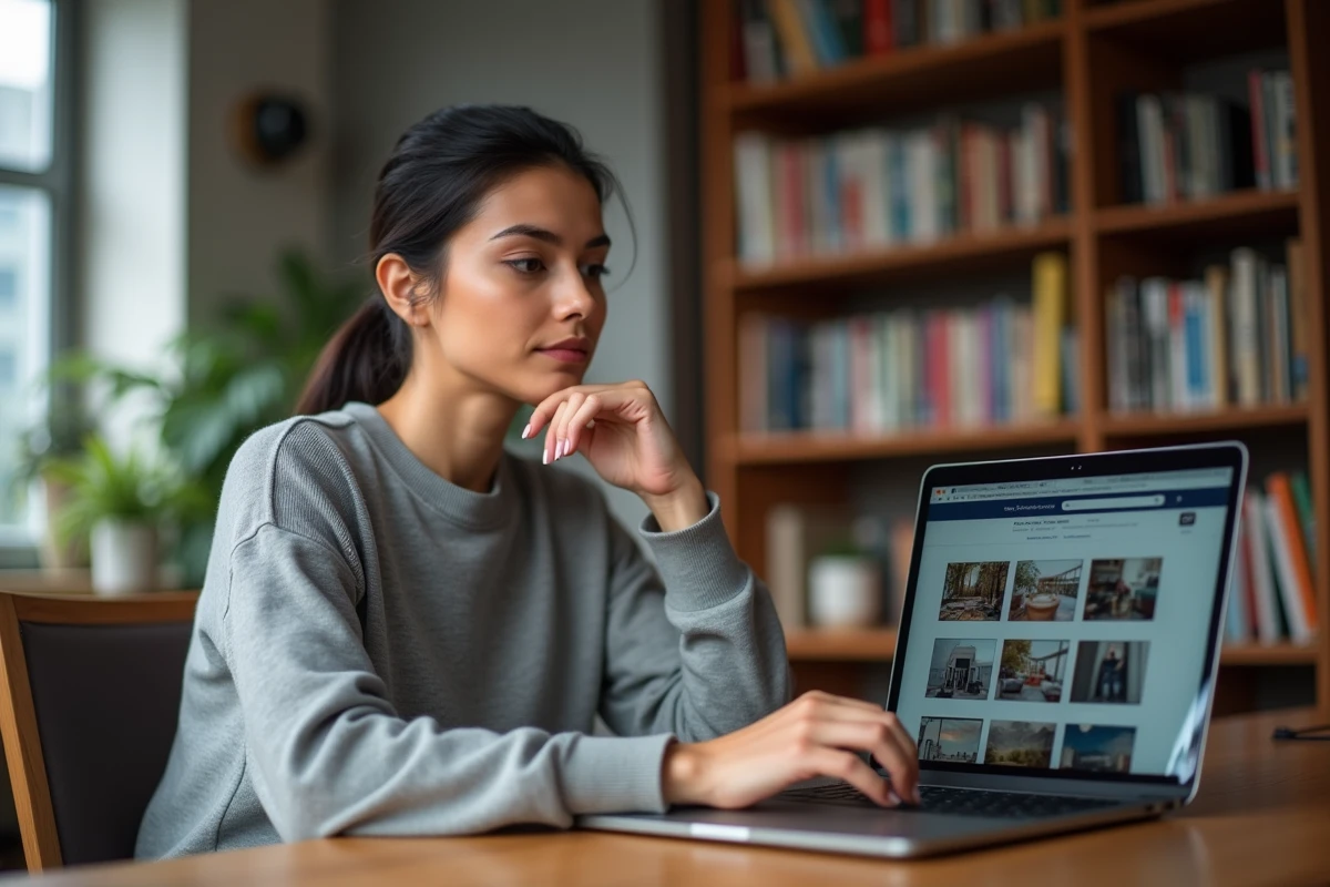 Femme recherchant des photos sur un ordinateur portable depuis son bureau à domicile, thème de la vérification d'images authentiques sur internet