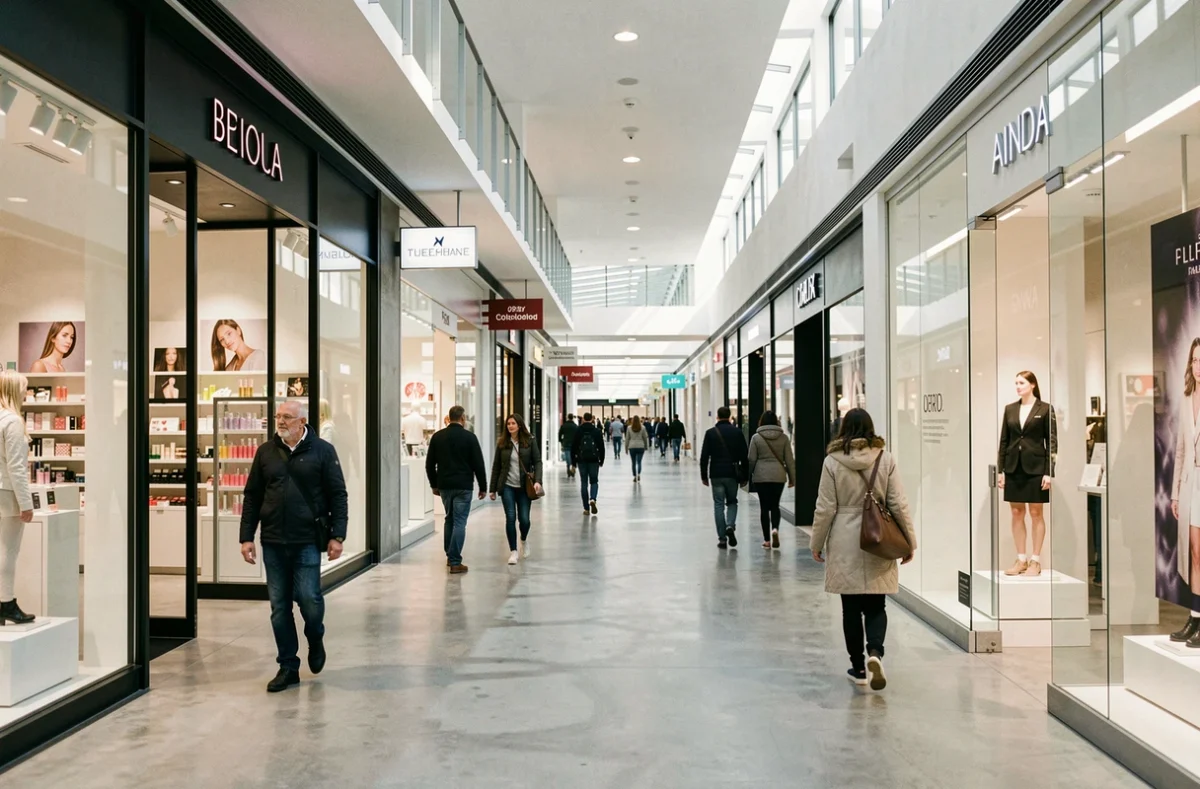 Vue intérieure du Centre Commercial Montparnasse avec ses enseignes de boutiques et ses allées commerçantes animées
